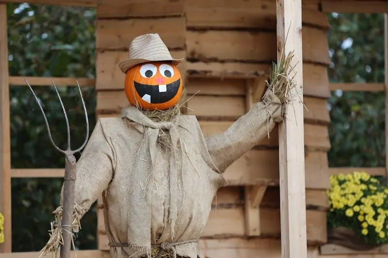 Scarecrow with Pumpkin Head and Hat Holding a Fork HD