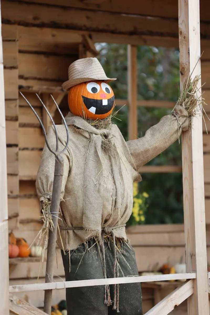 Scarecrow with Pumpkin Head in Rustic Halloween Setting