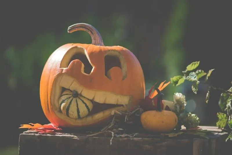 Scary Carved Pumpkin with Creepy Face in Outdoor Setting
