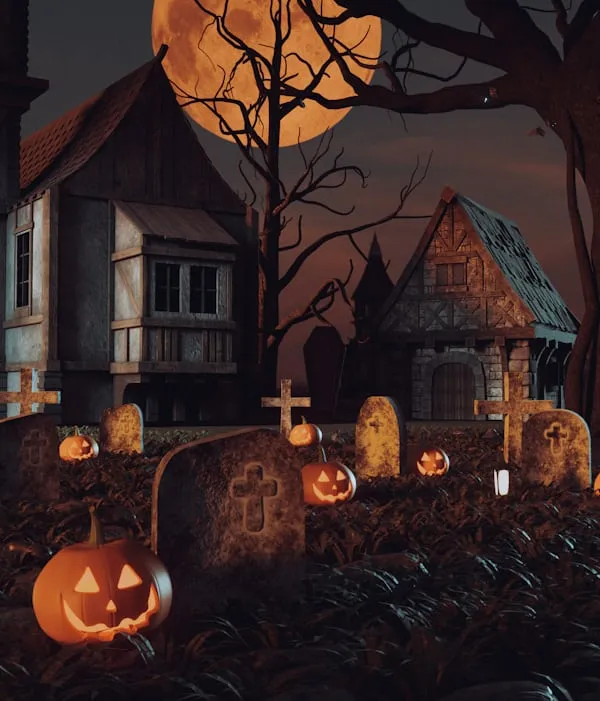 Scary Halloween Graveyard Scene with Jack O Lanterns and Moon