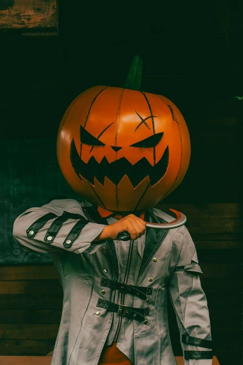 Scary Pumpkin Head Costume with Hook for Halloween Horror