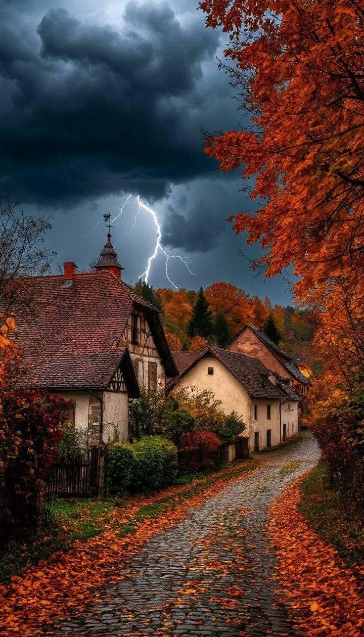 Scenic Pathway with Fall Foliage and Halloween Vibes