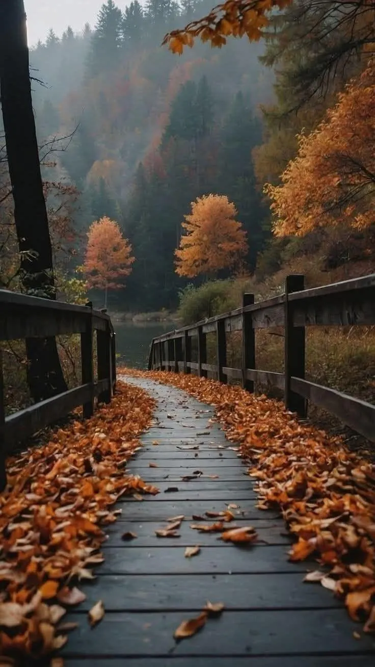 Serene Autumn Pathway with Fallen Leaves and Fence Wallpaper