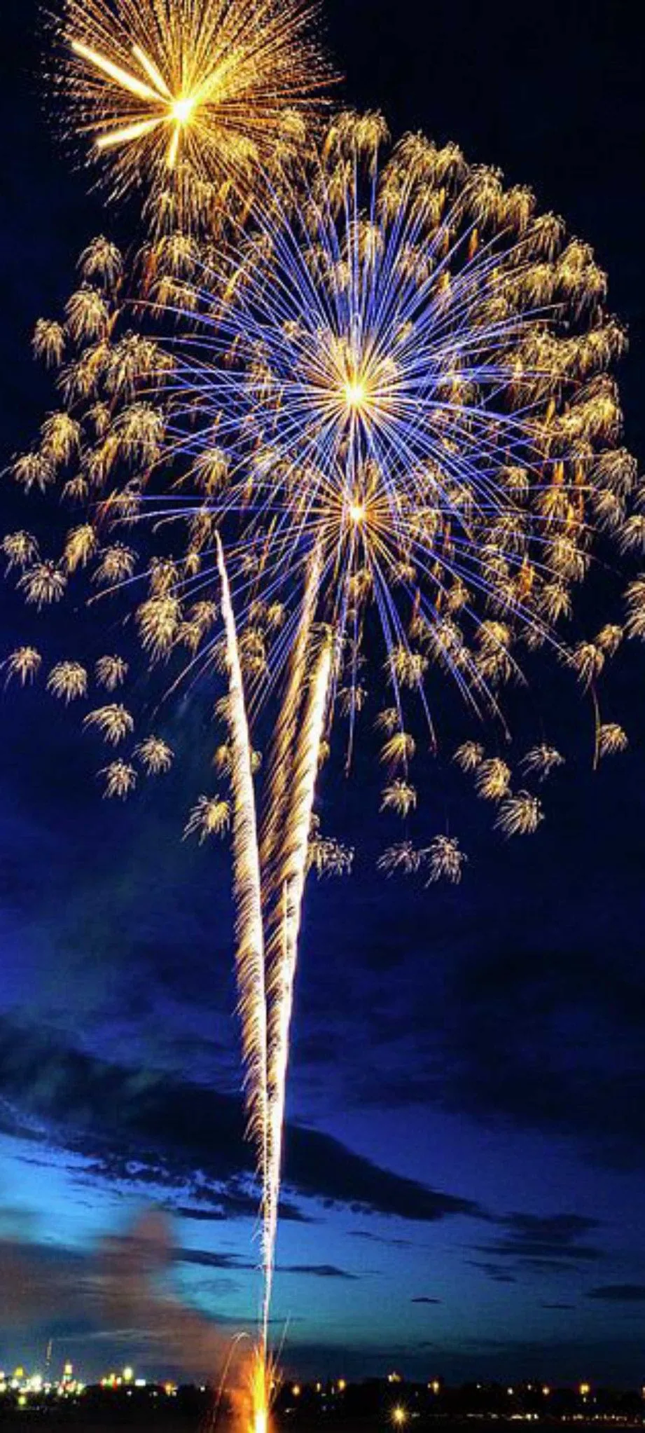 Single golden firework rising in twilight coastal backdrop