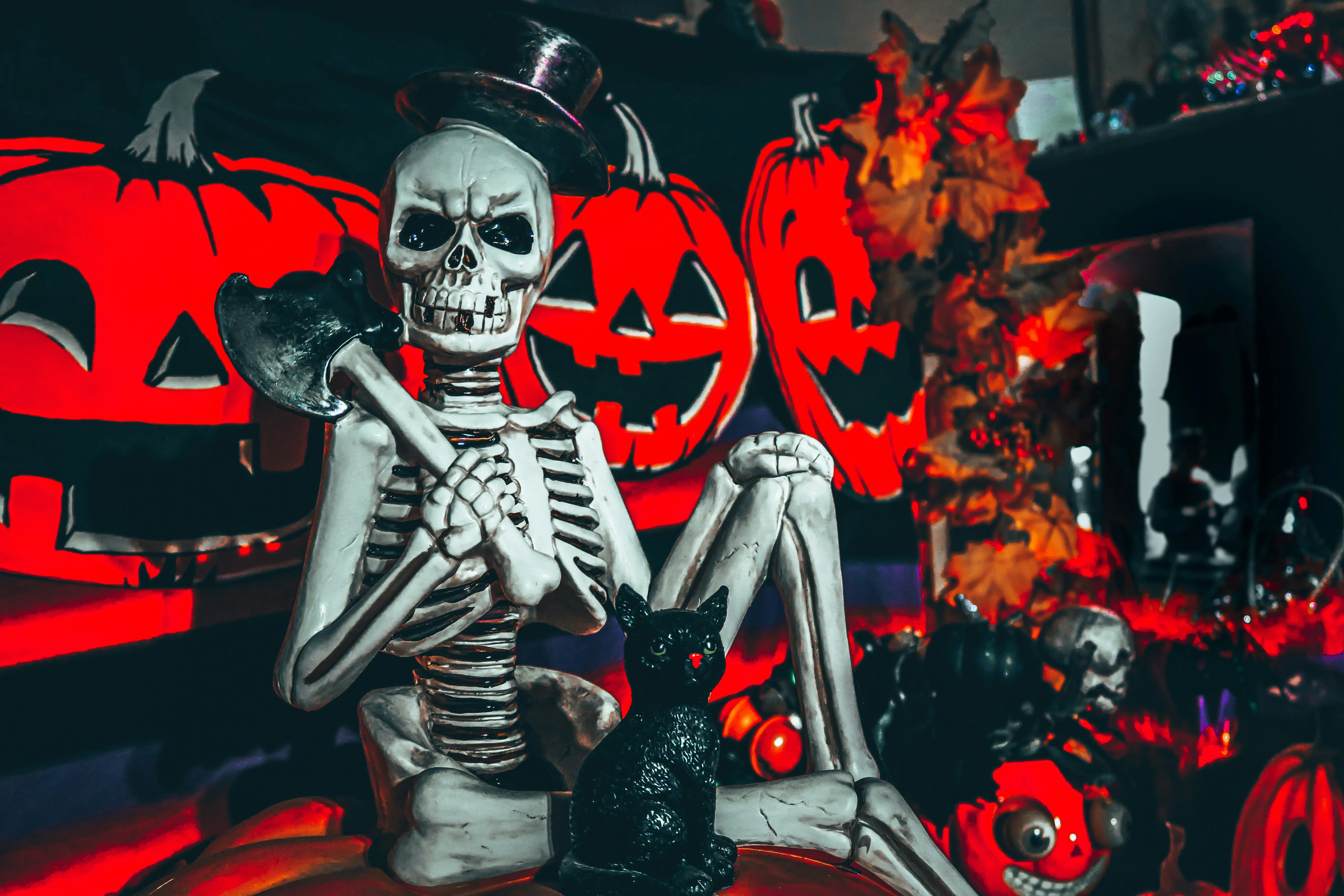 Skeleton Decorations in Spooky Halloween Setup Wallpaper