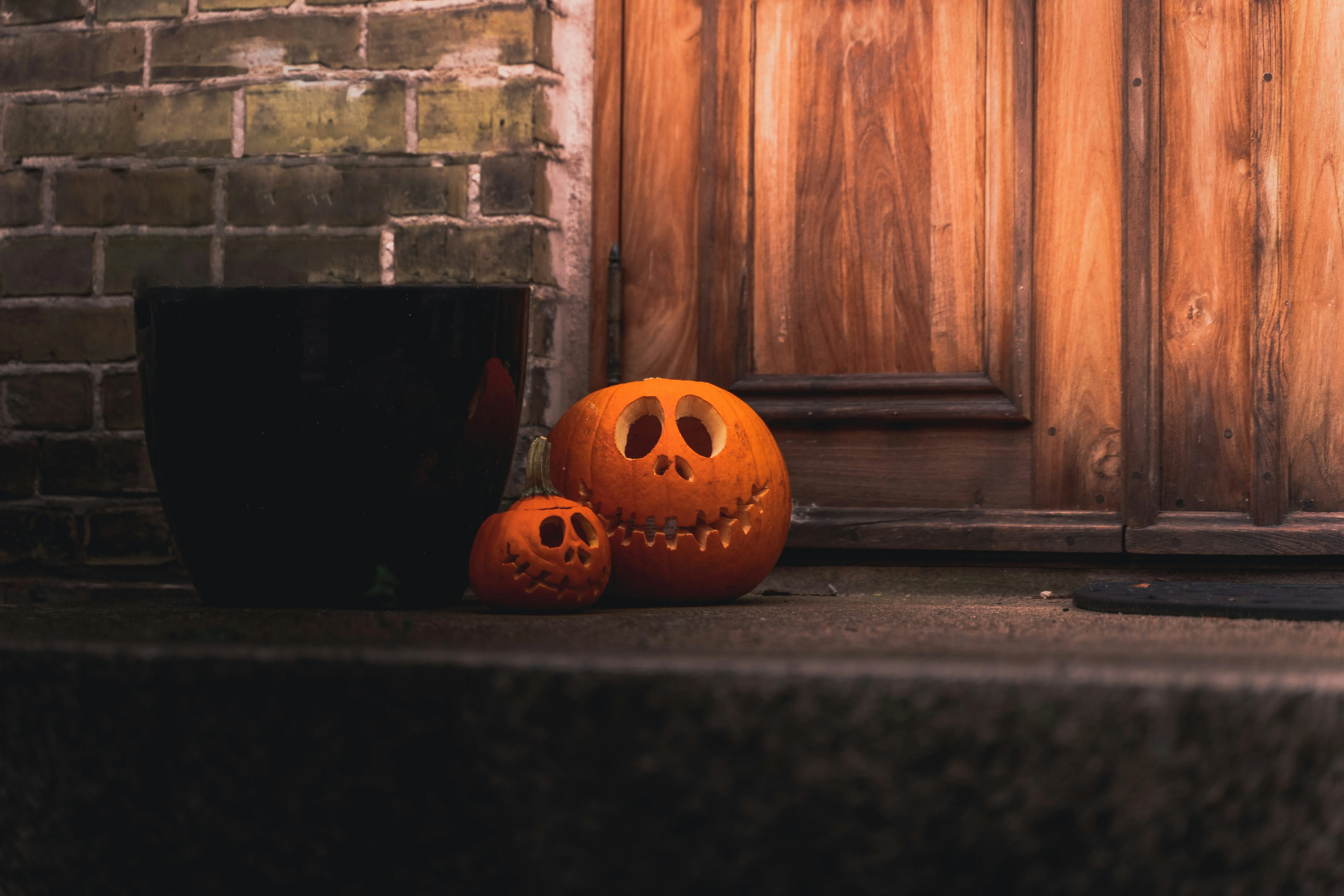 Small Pumpkins on Doorstep at Nightfall HD Wallpaper