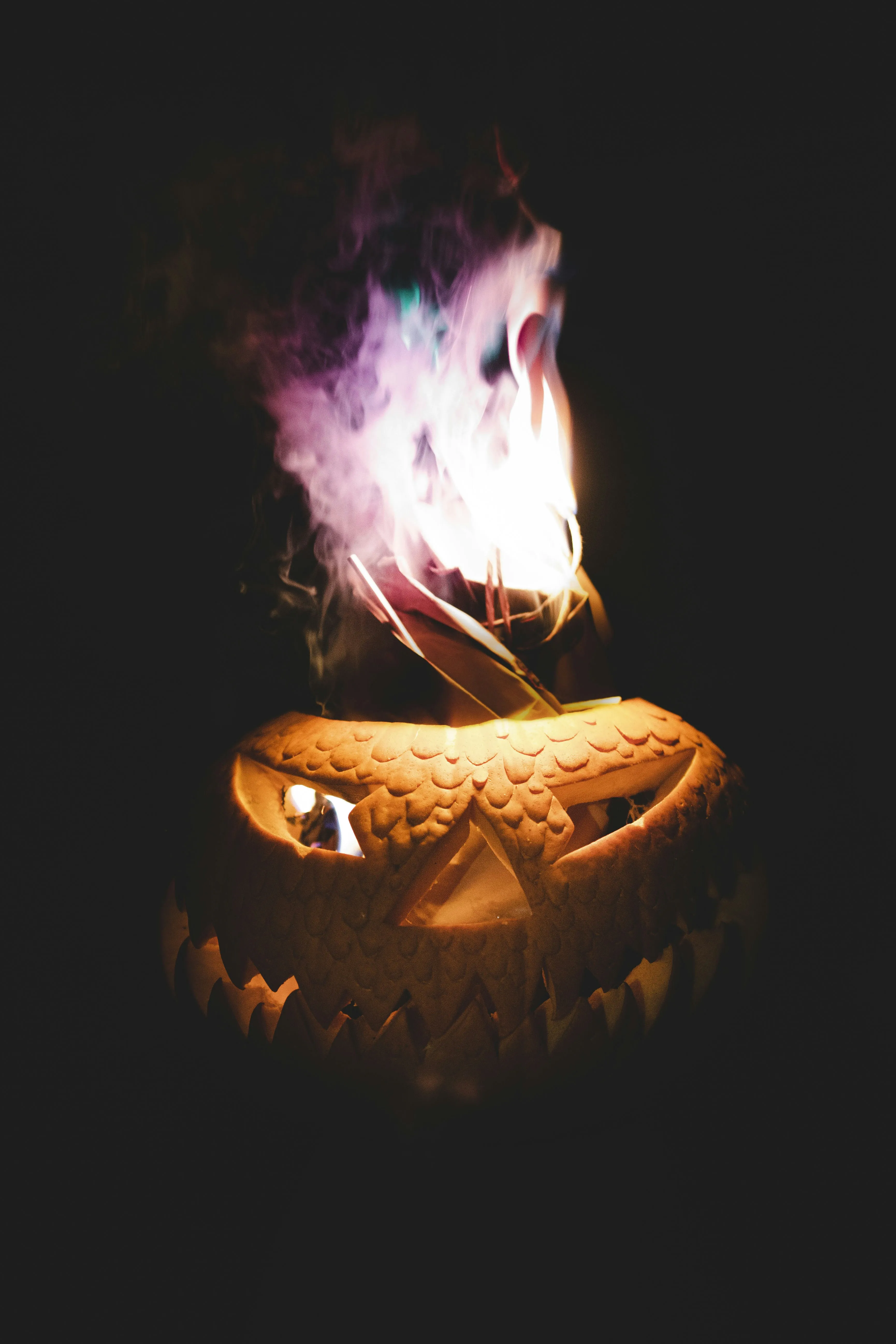 Smoking Jack O Lantern Carved Pumpkin at Night Wallpaper