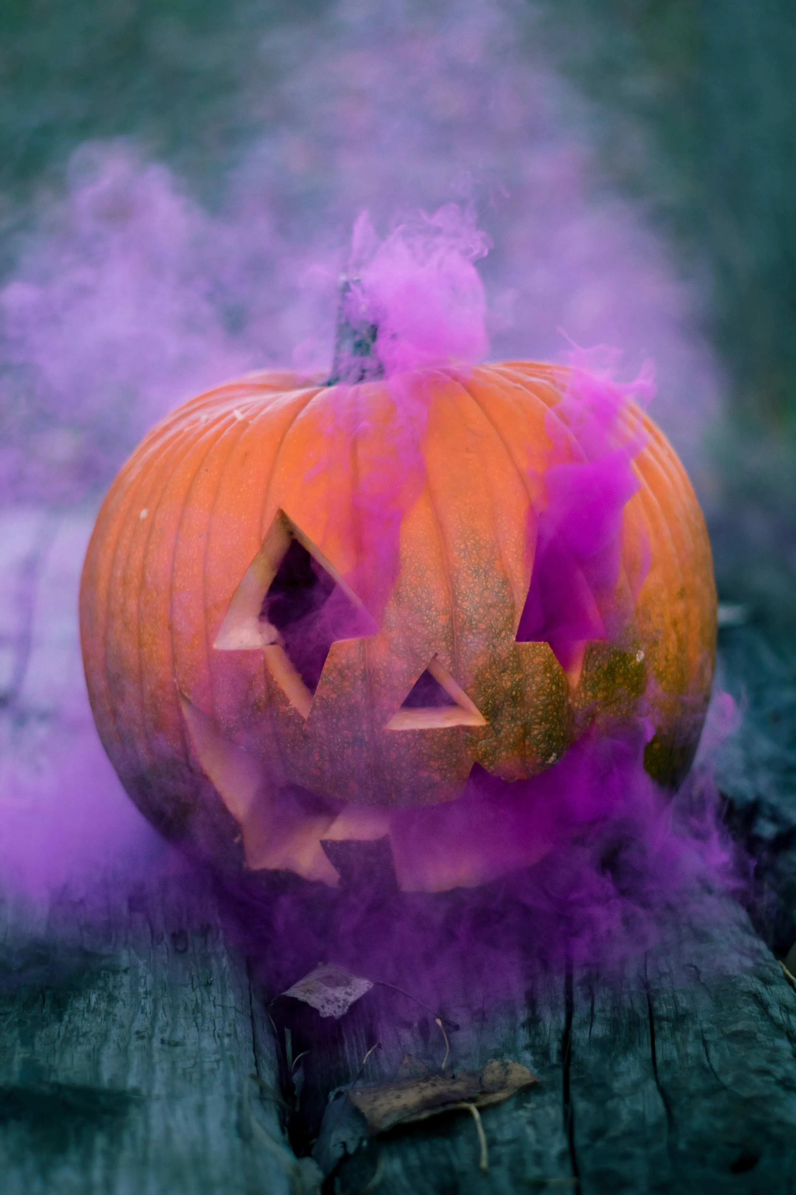 Smoky Purple Halloween Pumpkin on Wooden Table Image