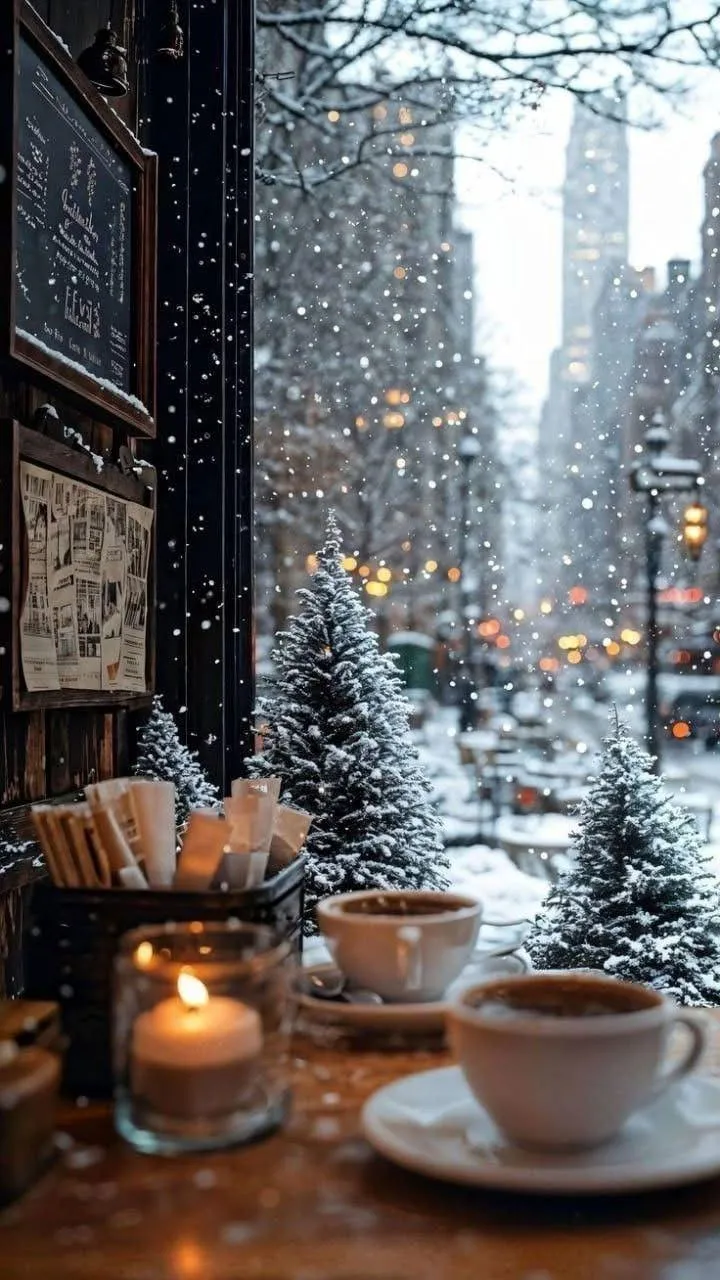 Snowy City Street with Warm Coffee and Halloween Vibes
