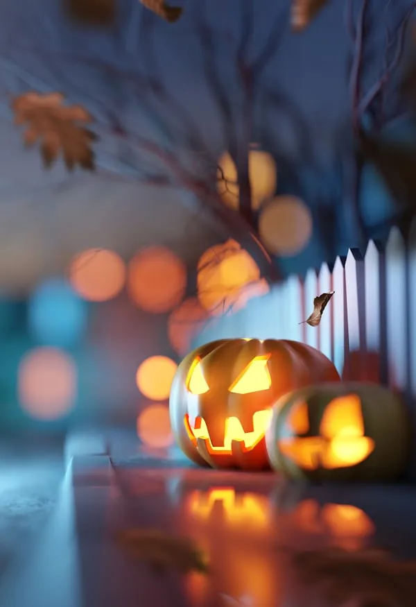 Soft Glow Of Pumpkins in Halloween Ambience with Bokeh Lights