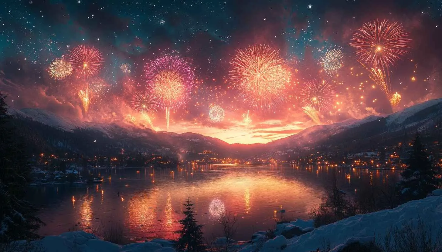 Spectacular fireworks over a serene snowy mountain landscape