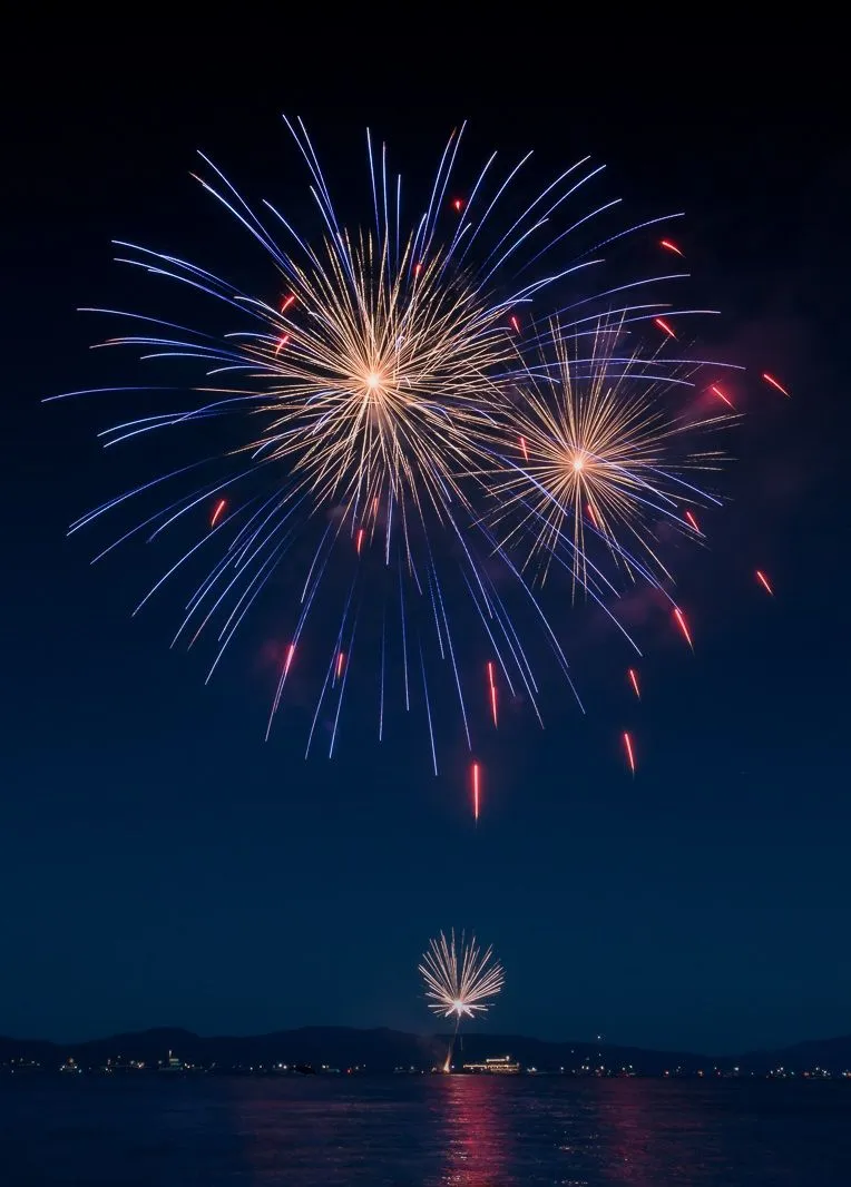 Spectacular fireworks reflecting in the calm water below