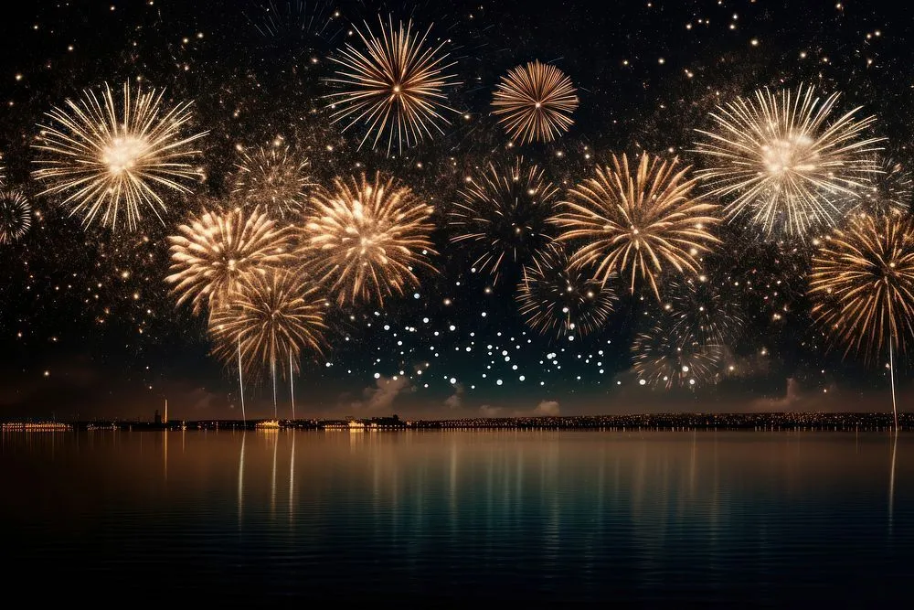 Spectacular fireworks reflecting on the water surface