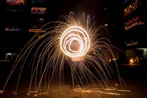 Spiraling firework effect in the sky with vibrant colors