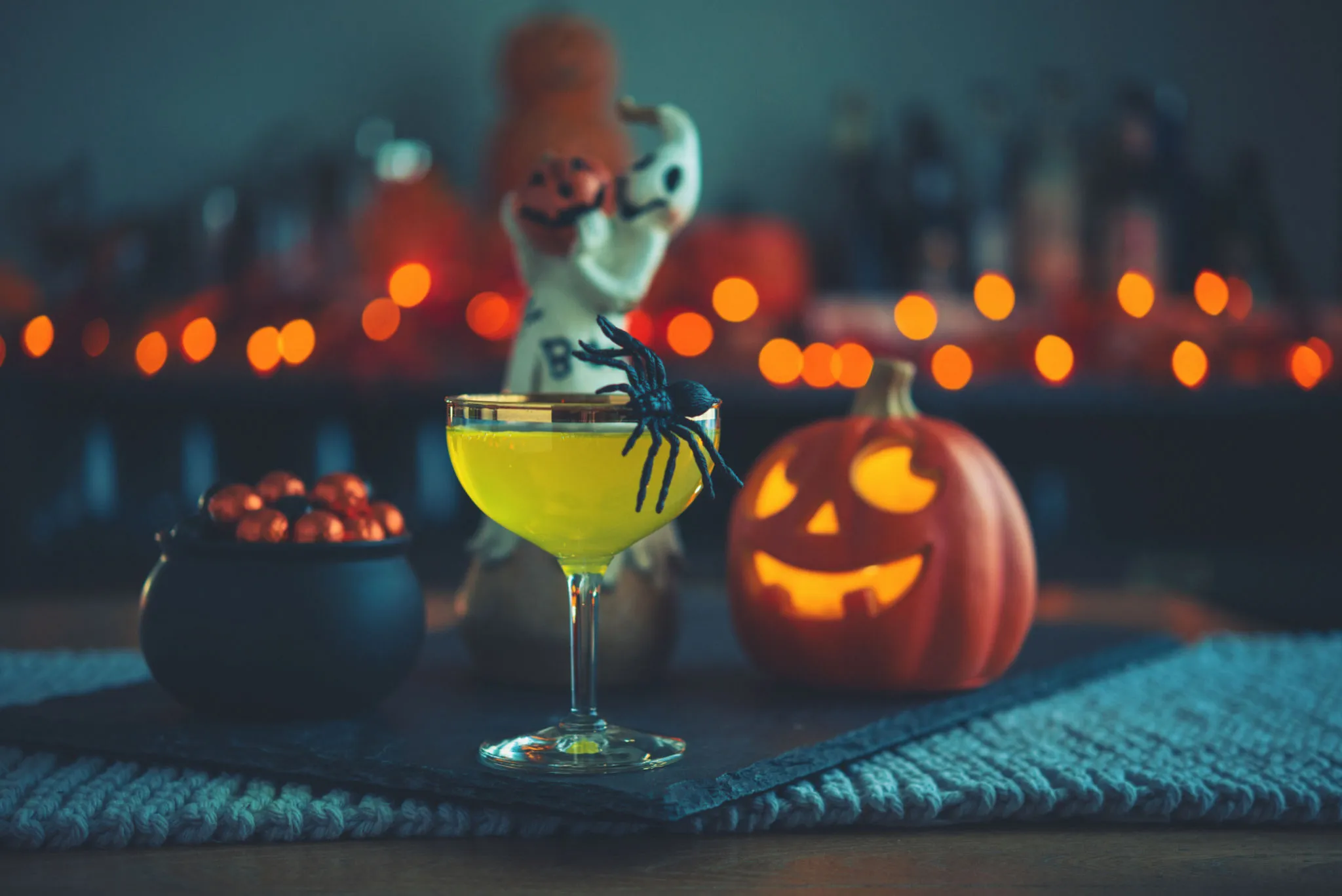 Spooky Halloween Drinks with Glowing Pumpkins HD Wallpaper