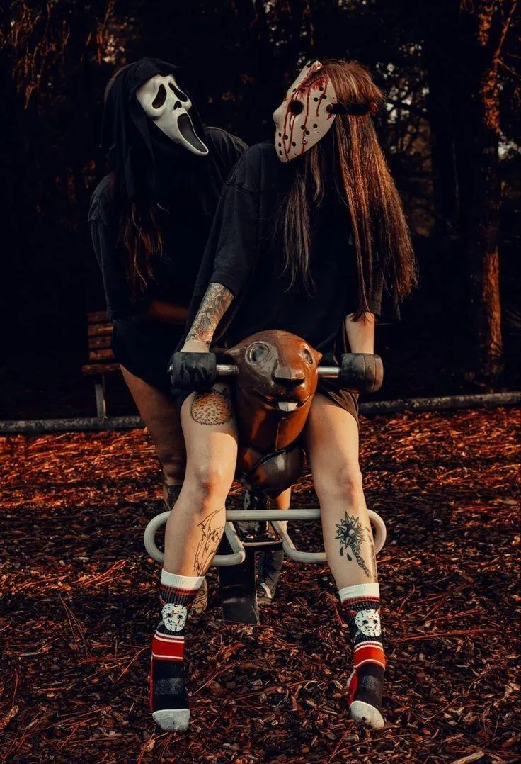 Spooky Halloween Masks and Tattoos in Outdoor Play Scene