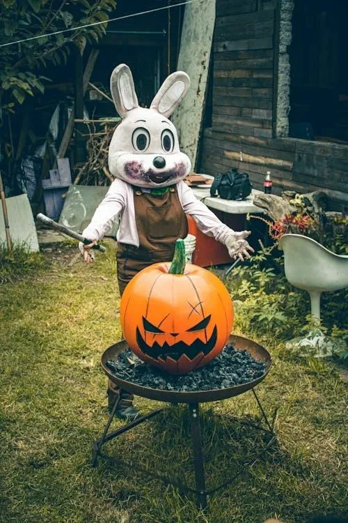 Spooky Halloween Outdoor Pumpkin Decoration with Rabbit Costume