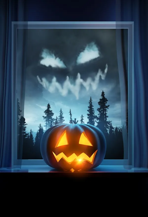 Spooky Jack O Lantern with Blue Neon Pumpkin Background