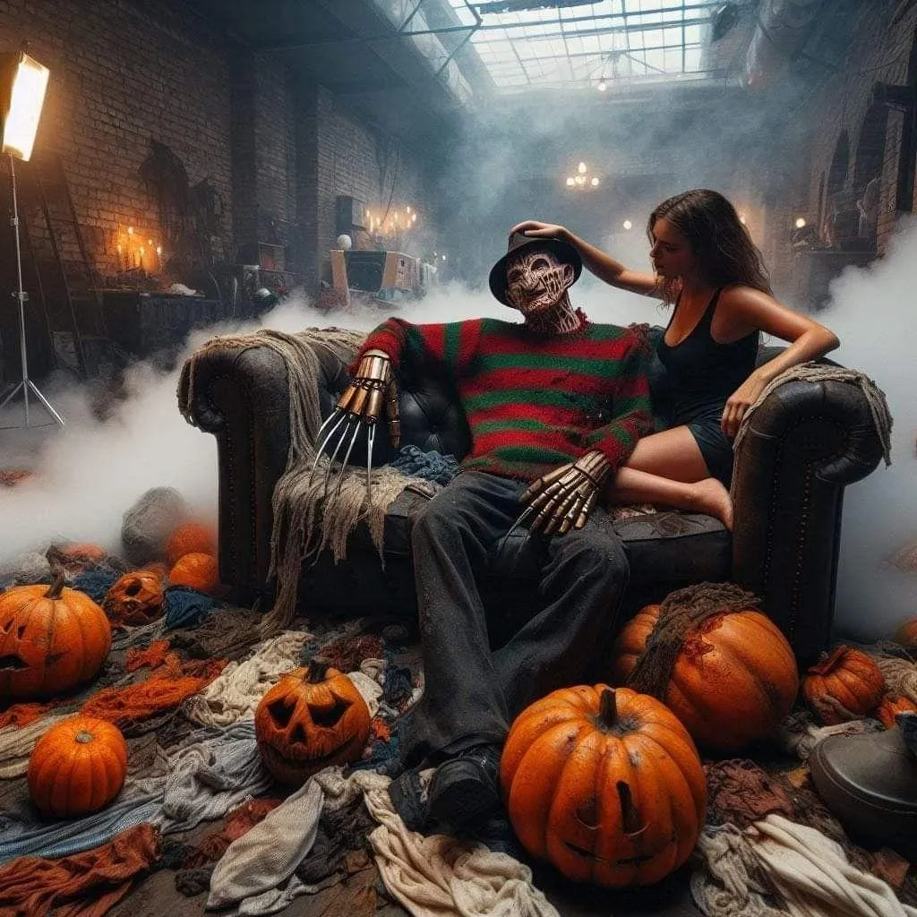 Spooky Lounge Scene with Clawed Monster and Pumpkins