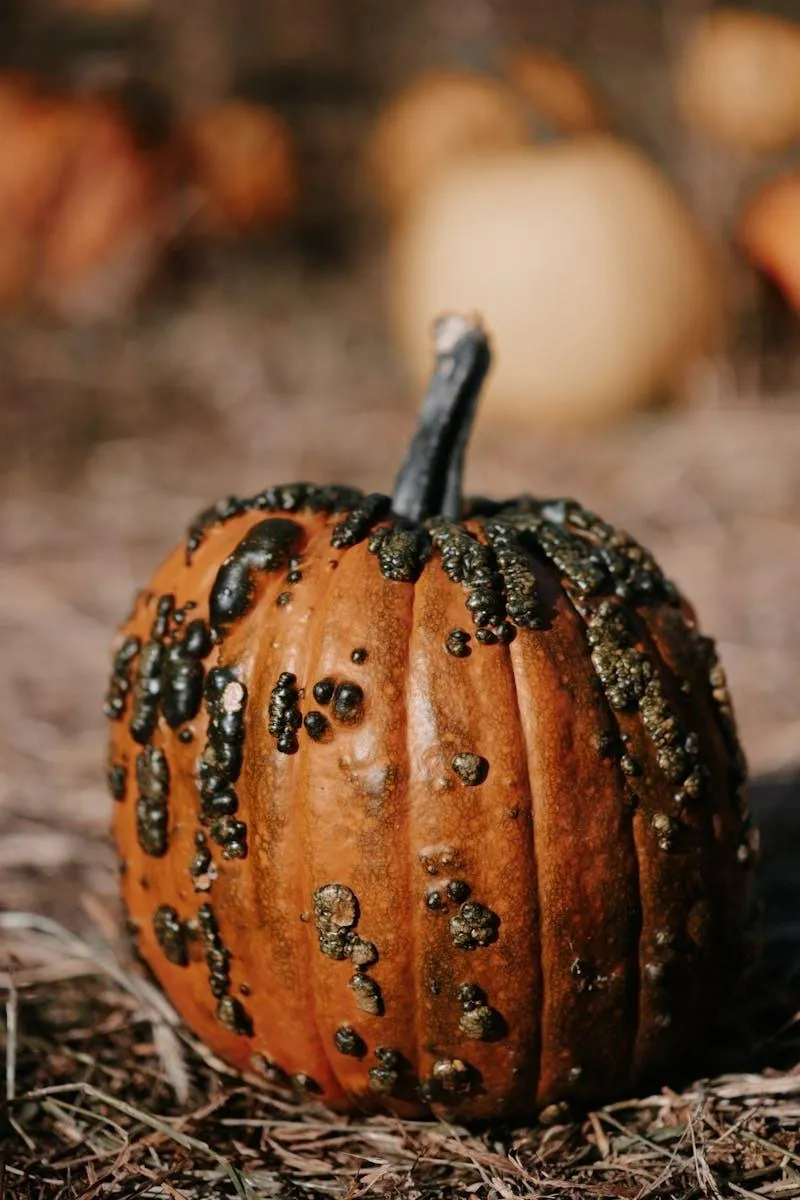 Spooky Pumpkin Covered in Black Berries on Natural Ground