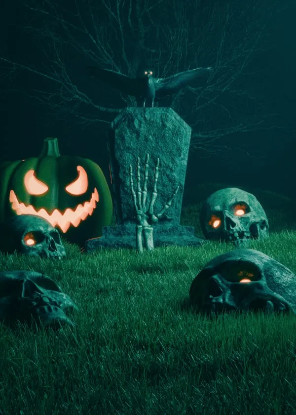 Spooky Pumpkin with Glowing Face and Skulls at Night Image