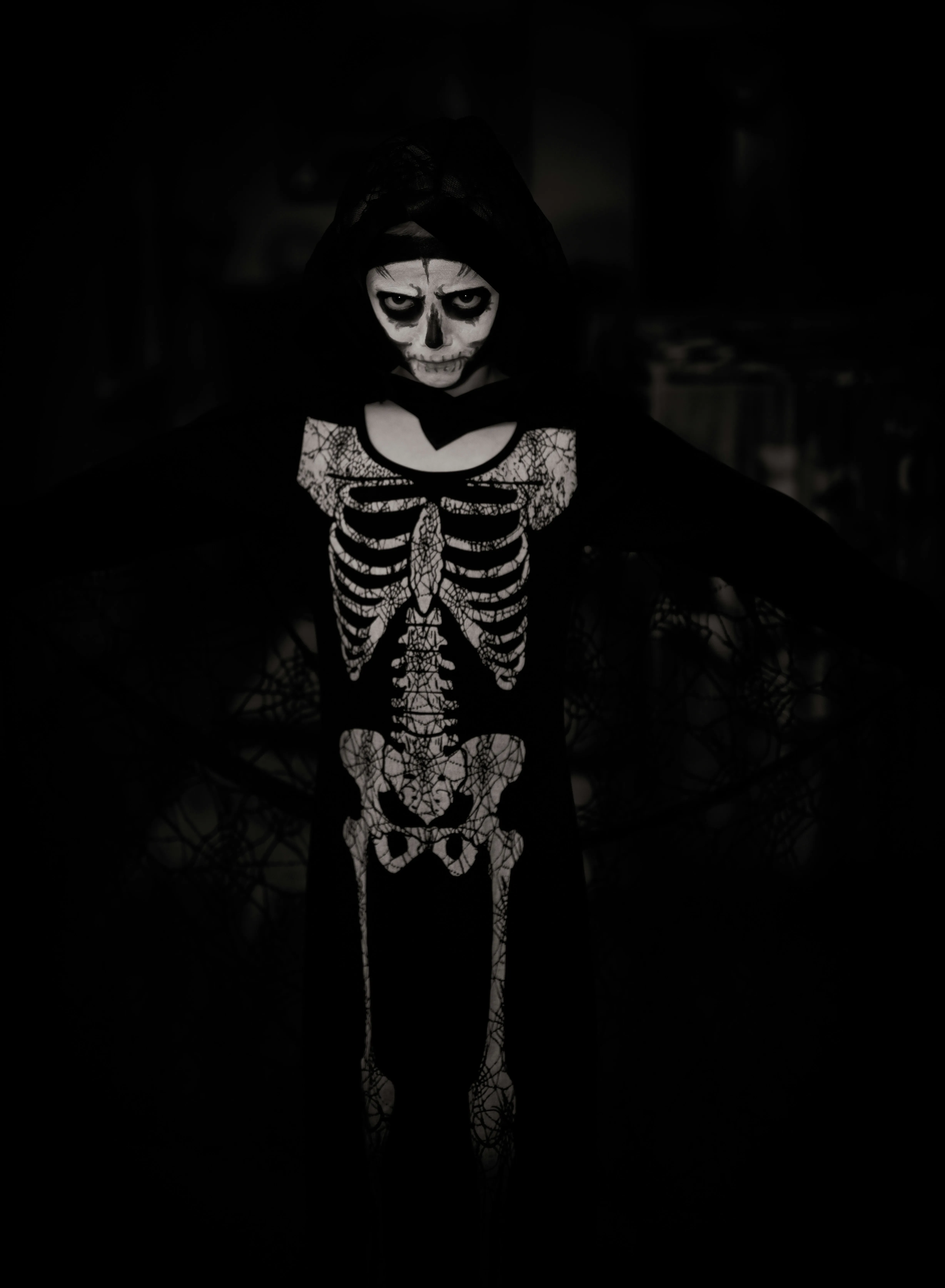 Spooky Skeleton Costume in Dark Setting free HD image