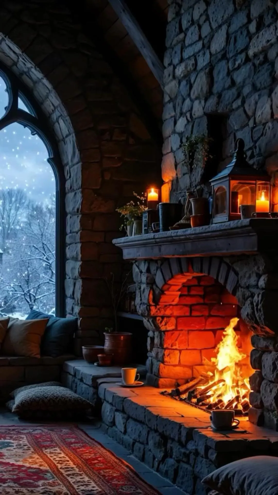 Spooky Stone Fireplace Decorated For Halloween Wallpaper