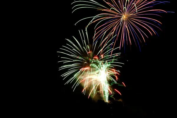 Striking Fireworks Exploding in Multiple Directions at Night