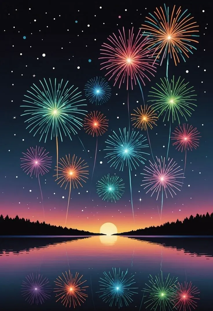 Stunning display of colorful fireworks with a calm reflection