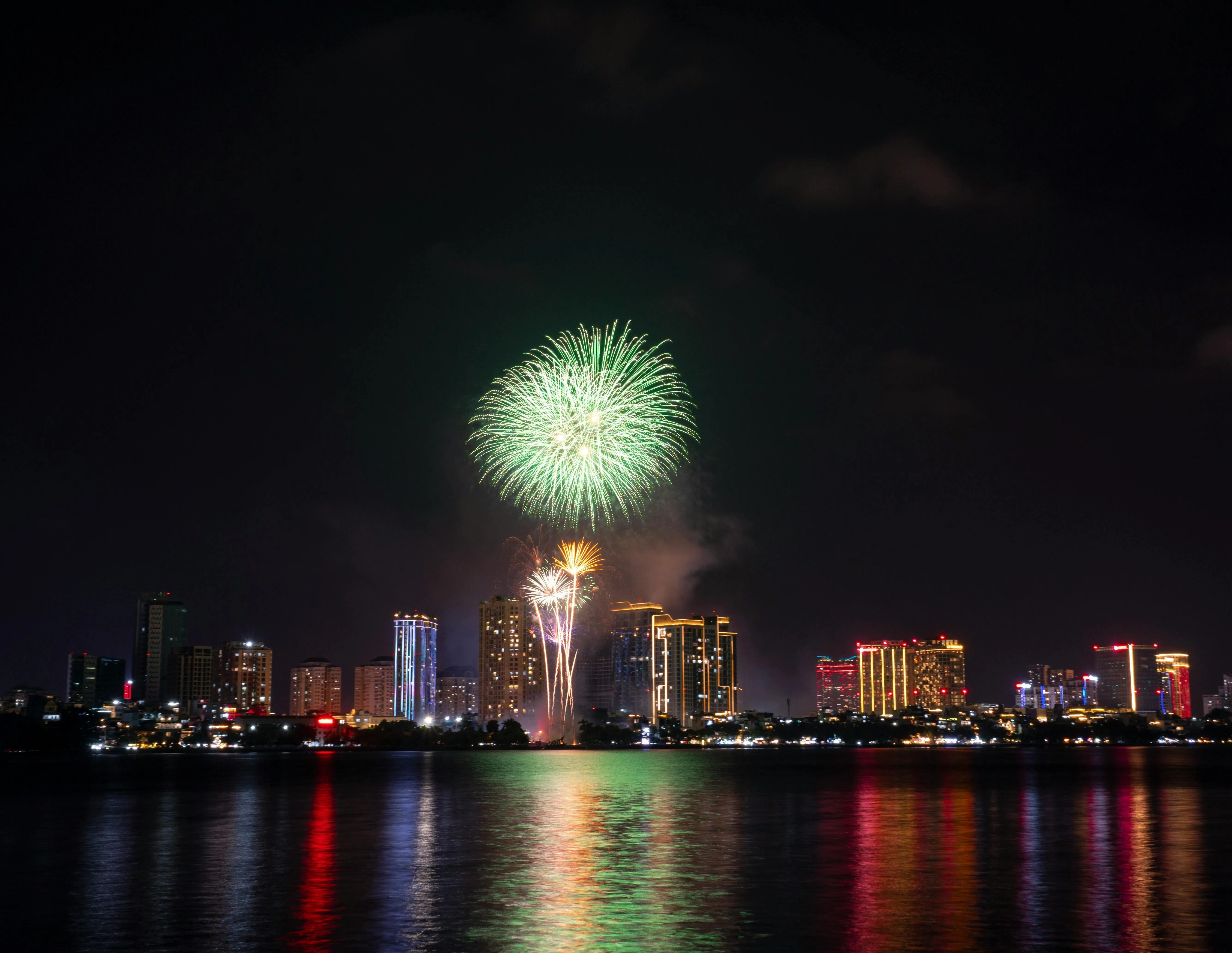 Stunning Green Fireworks with Burst of Colors in Sky HD