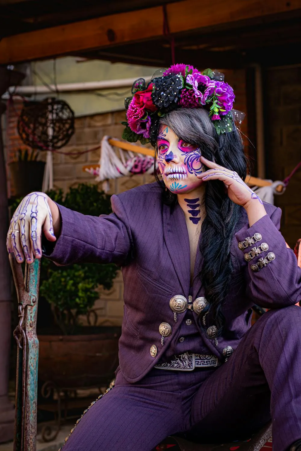 Stylish Halloween Costume with Purple Suit and Makeup