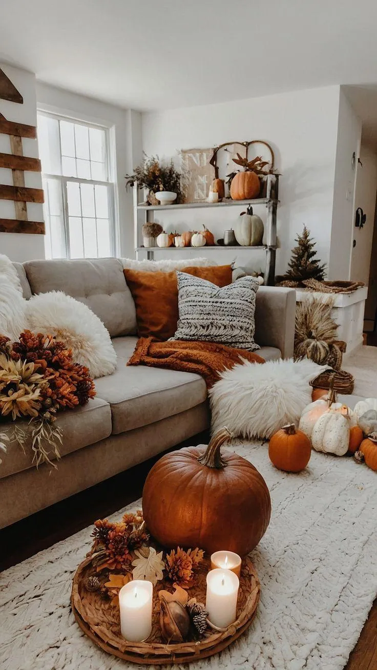 Stylish Living Room with Seasonal Pumpkin Accents Wallpaper