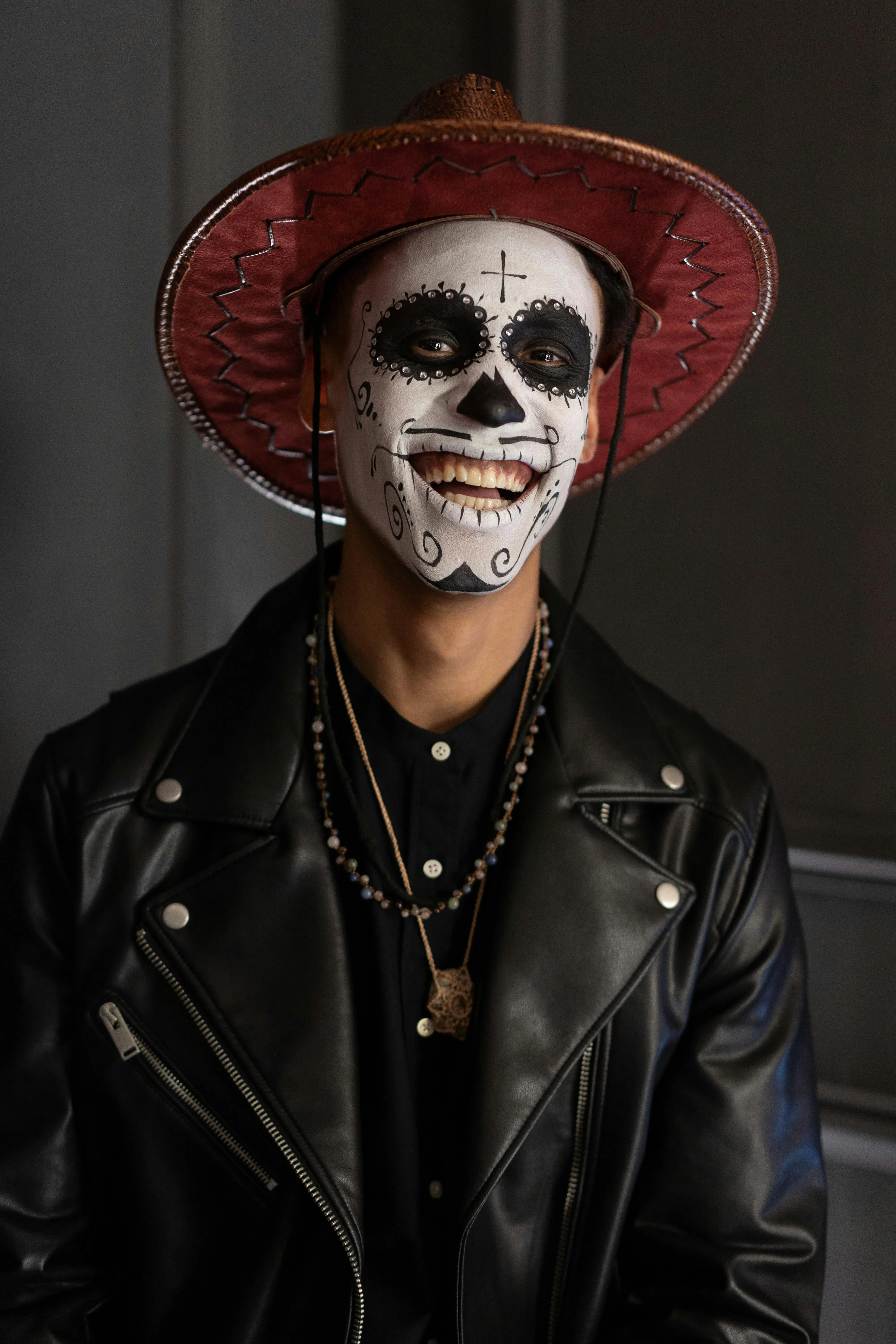 Stylish Man in Leather Jacket with Skull Makeup Wallpaper