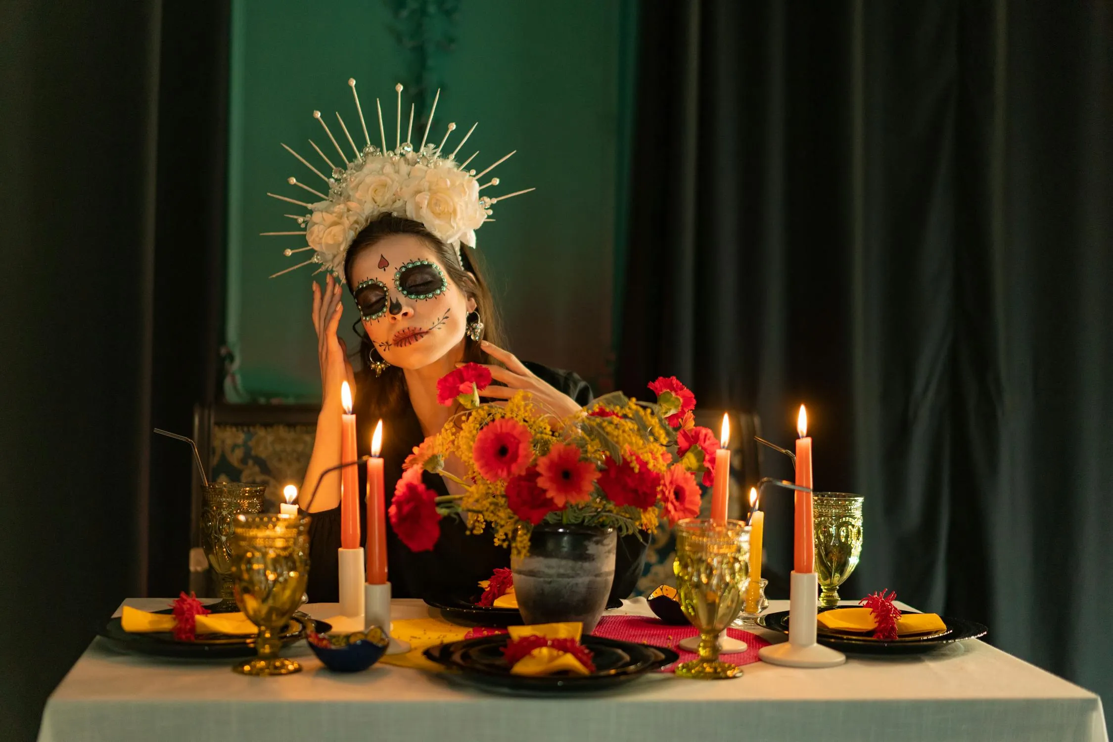 Sugar Skull Makeup with Candles for Halloween Festival