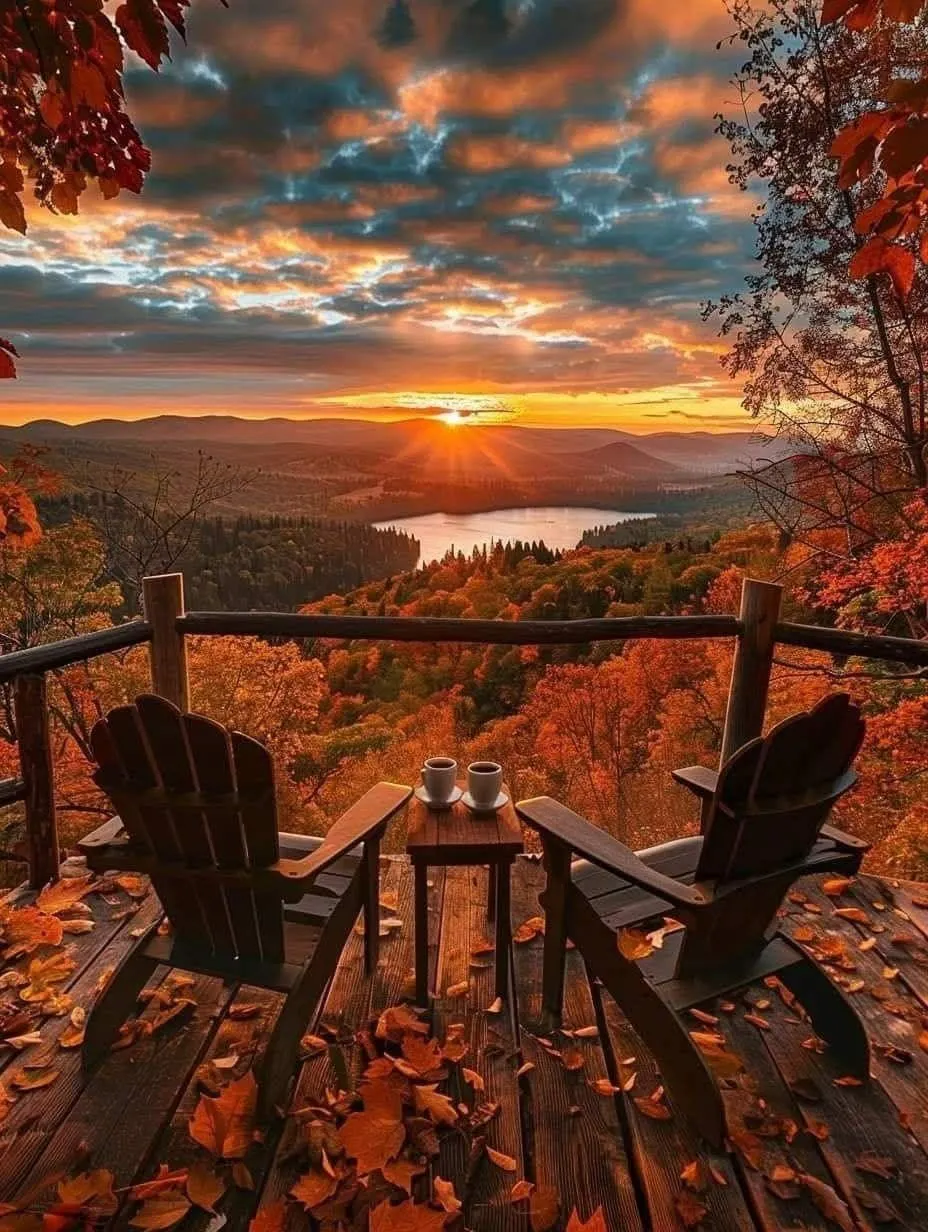 Sunset Adirondack Chairs with Fall Mountain View Wallpaper