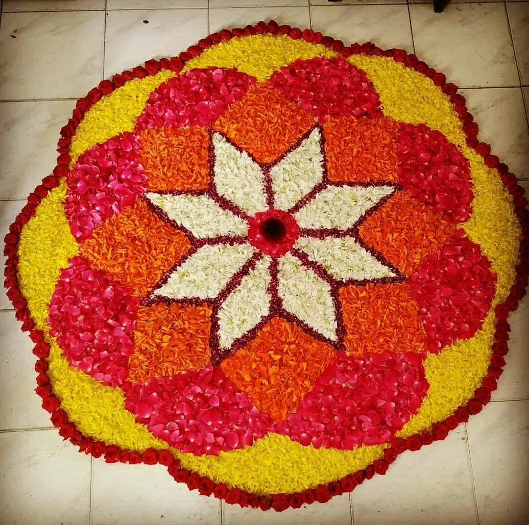 Symmetrical pookolam with floral star design for Onam image