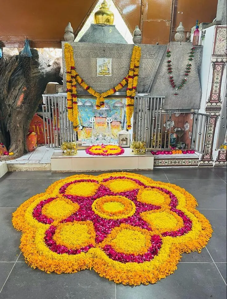 Temple Entrance with yellow flower shape design with purple