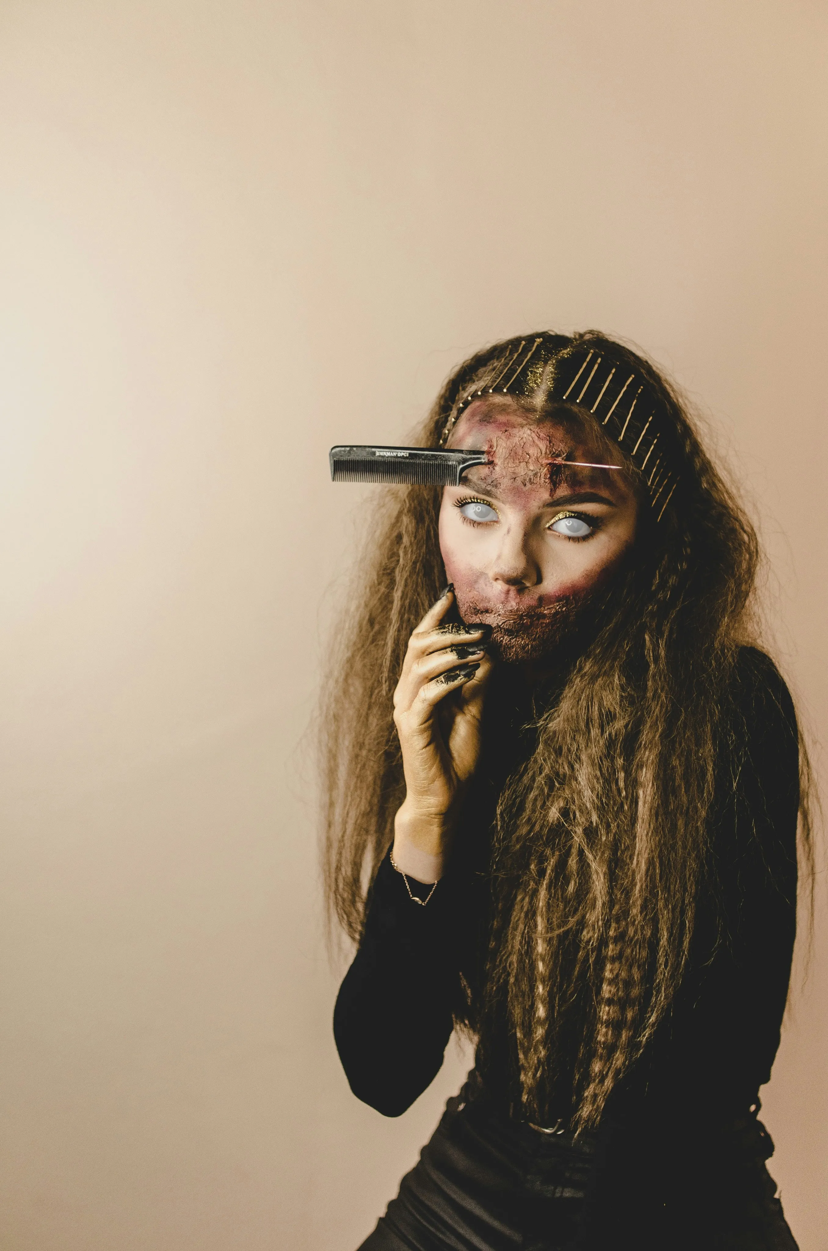 Terrifying Halloween Makeup With Fake Wound and White Eyes