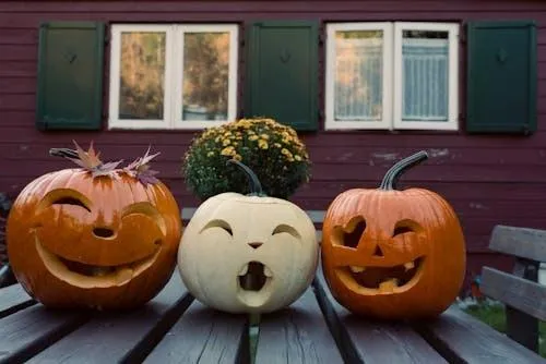 Three Decorative Pumpkins with Different Faces on Table