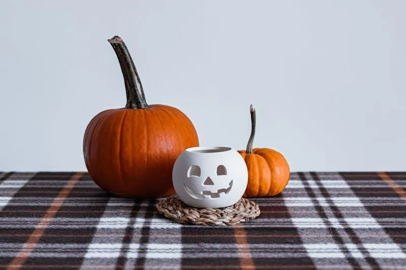 Three Small Pumpkins on Checkered Tablecloth Indoors