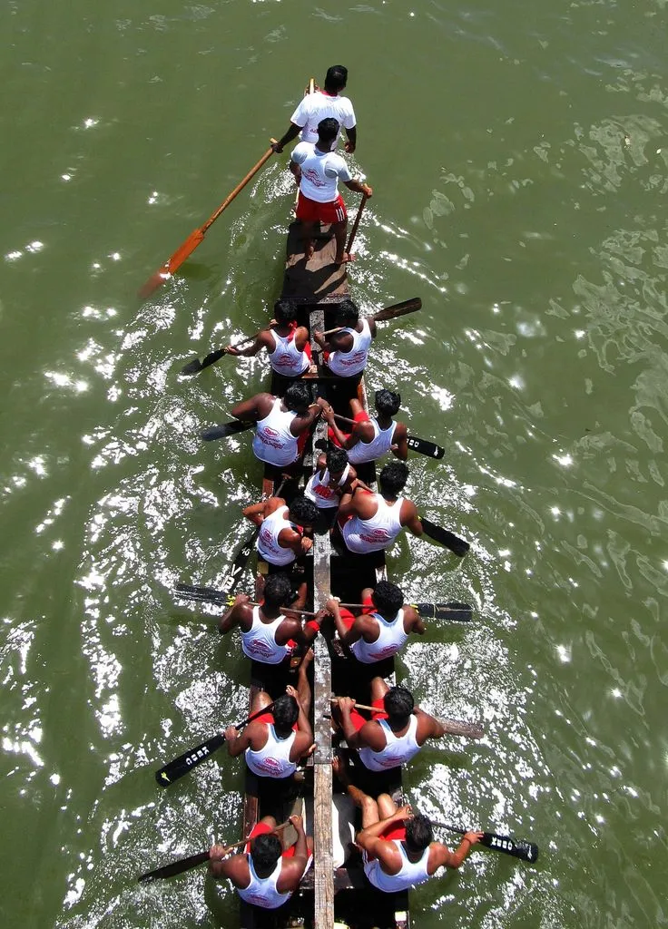 Top view of men together in a traditional Kerala boat race