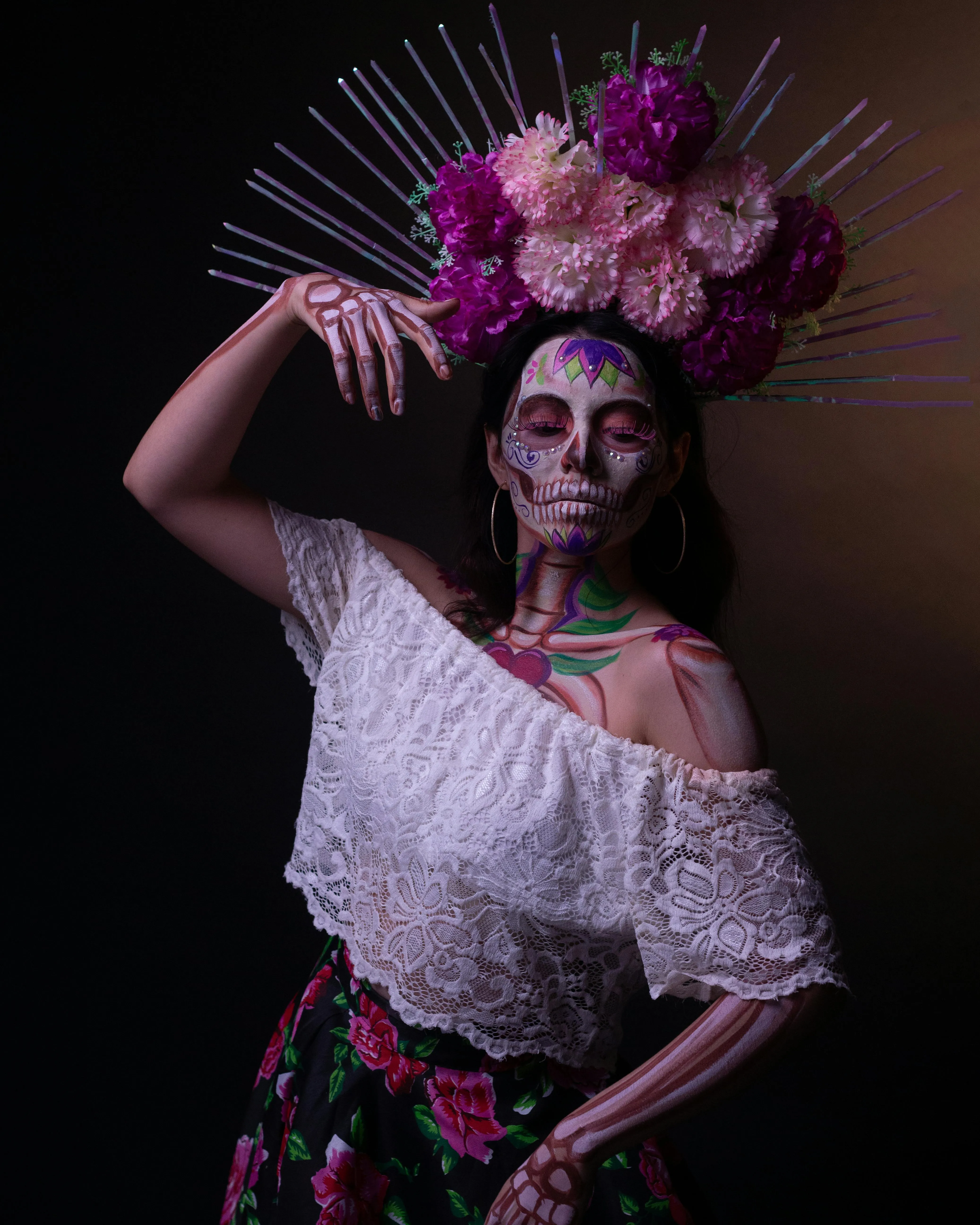 Traditional Catrina Face Paint and Floral Crown Pose image
