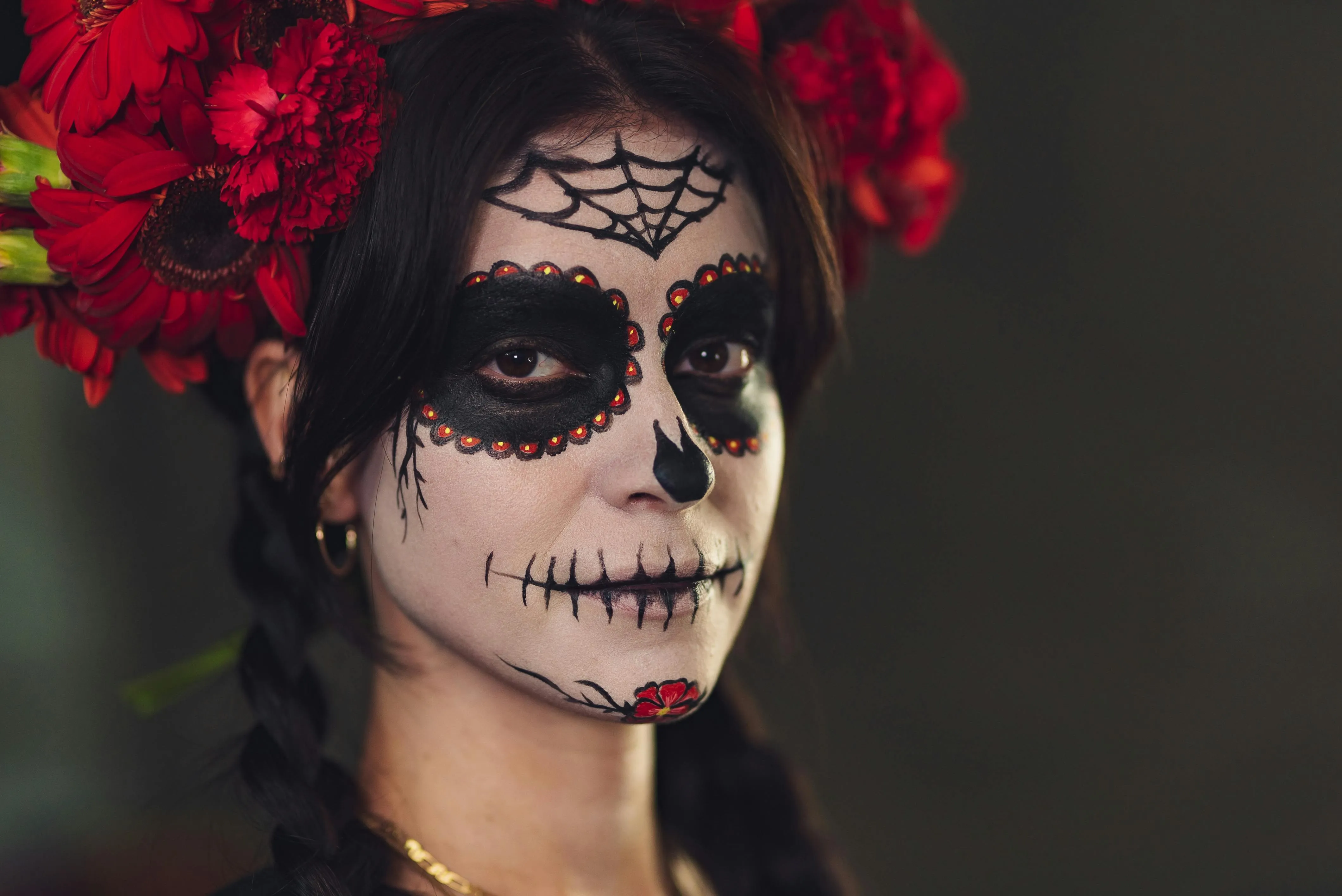 Traditional Day of Death Makeup with Floral Headpiece