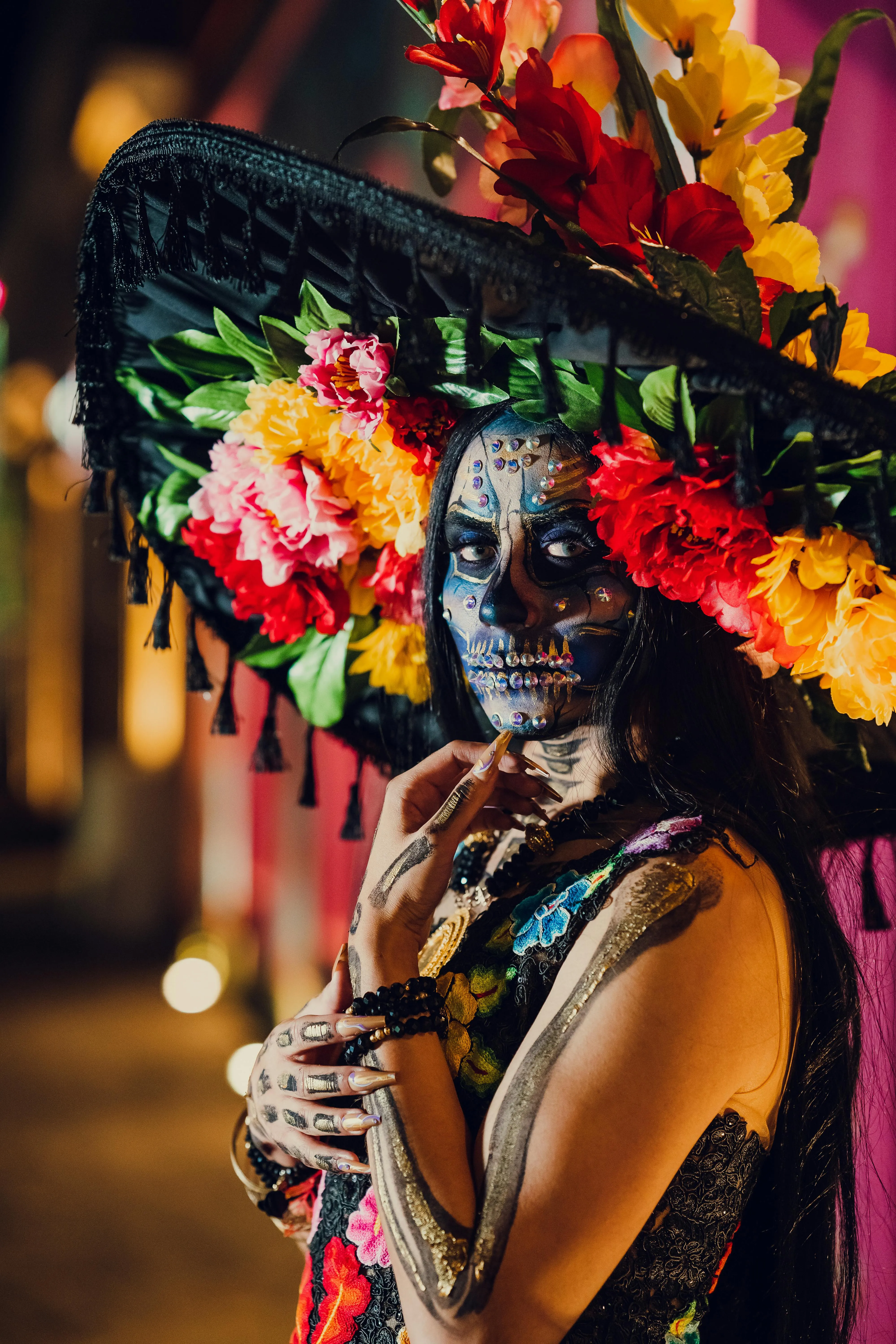 Traditional Mexican Day of the Dead Costume with Flowers