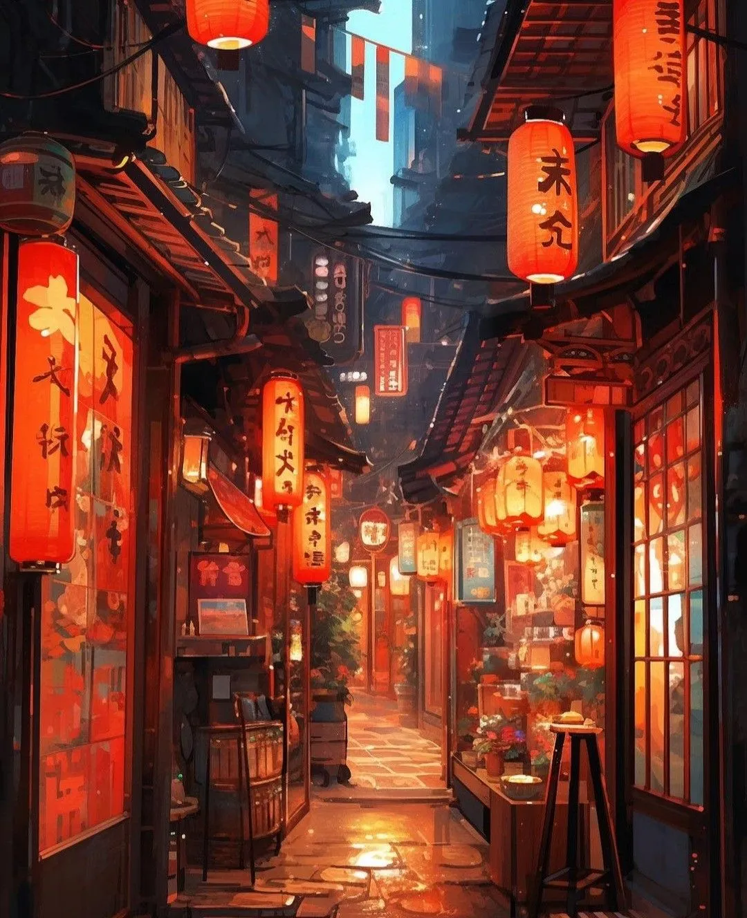Traditional street scene with glowing lanterns and city lights
