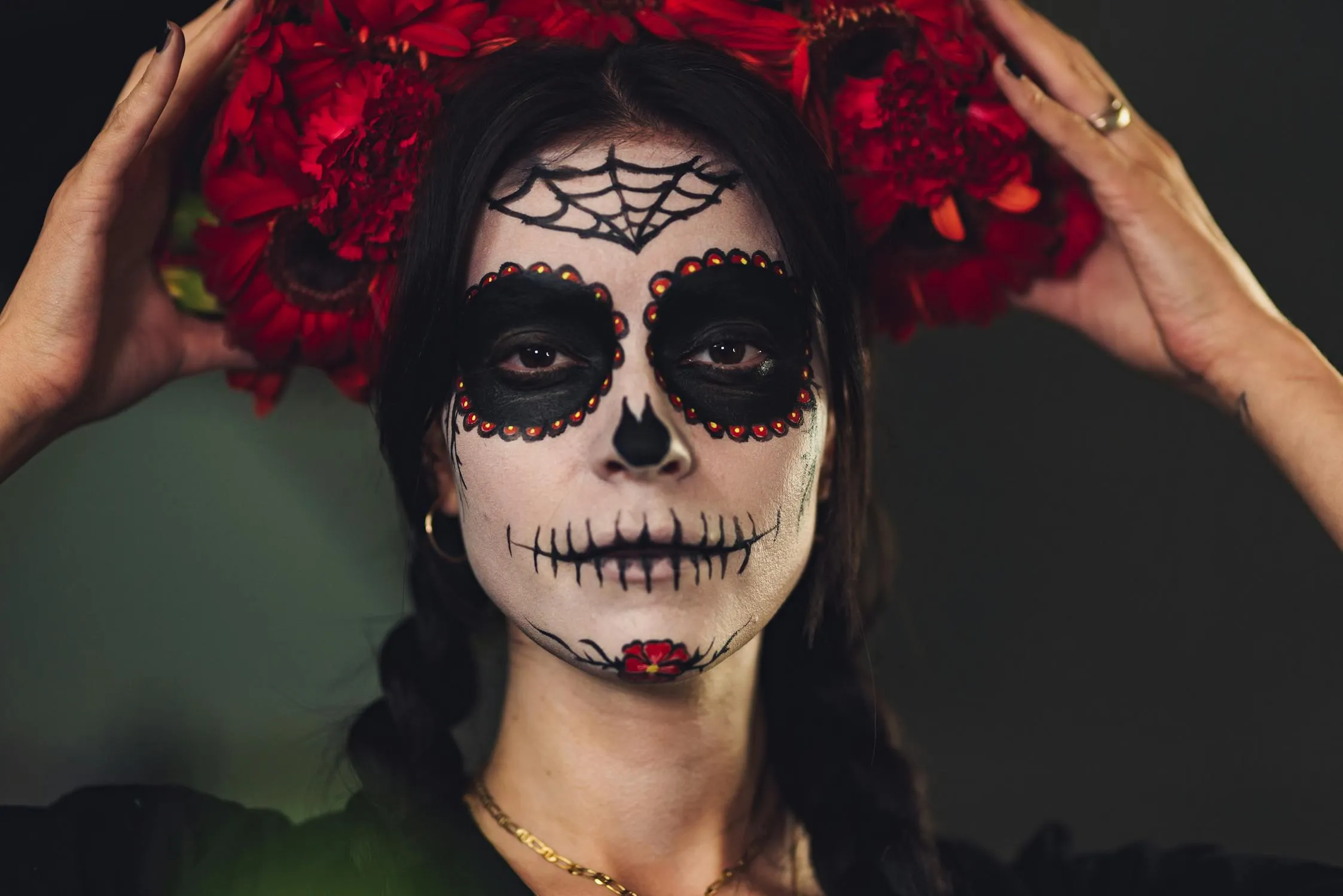 Traditional Sugar Skull Makeup with Red Flowers Wallpaper
