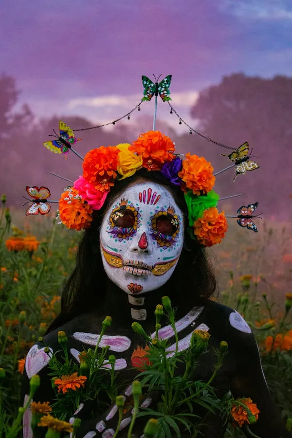 Traditional Sugar Skull with Floral Headpiece for Halloween