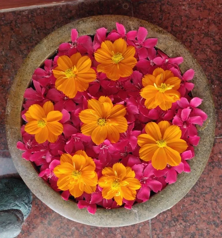 Traditional vessel filled with orange and pink flowers image