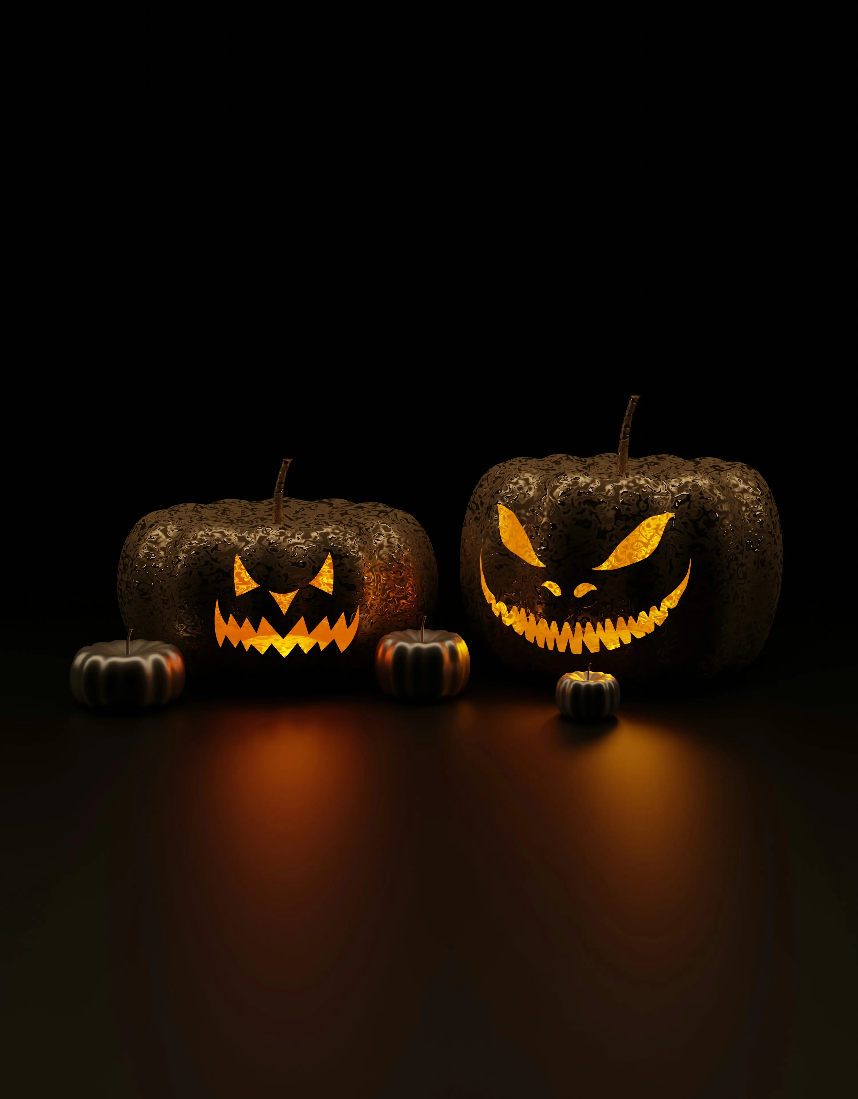 Two Black Pumpkins with Carved Faces Glowing in The Dark