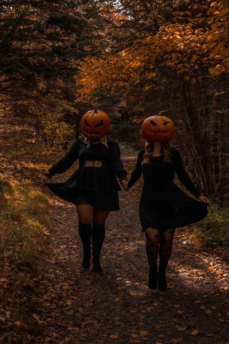Two Friends Walking in Halloween Festival Forest Scene